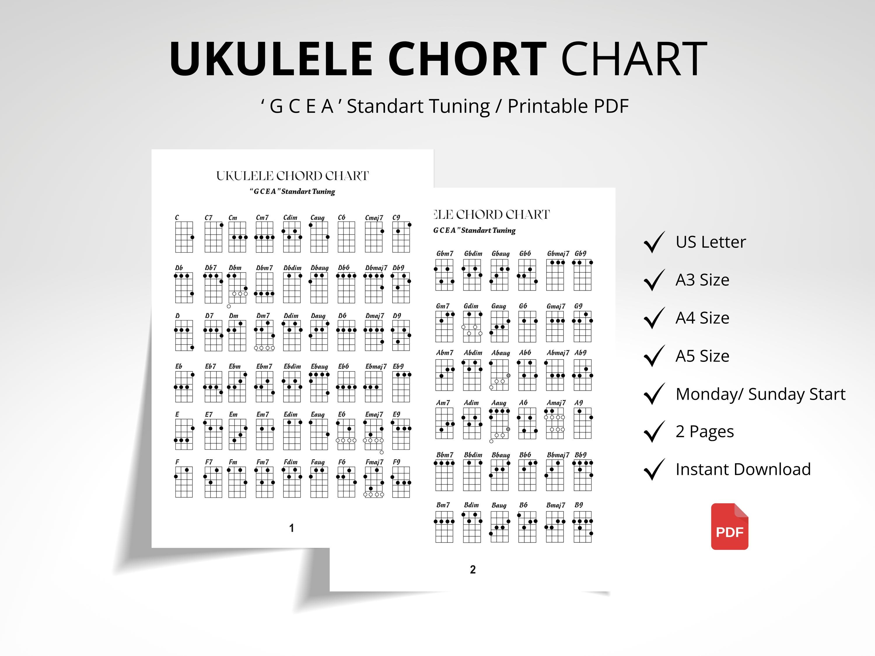 Ukulele Chord Chart Printable PDF, Beginner Ukulele Chords GCEA, Easy ...