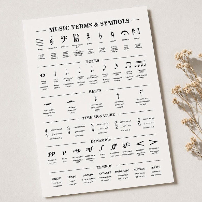 A close-up of a white poster with black text and musical symbols, titled "MUSIC TERMS & SYMBOLS," on a light surface.