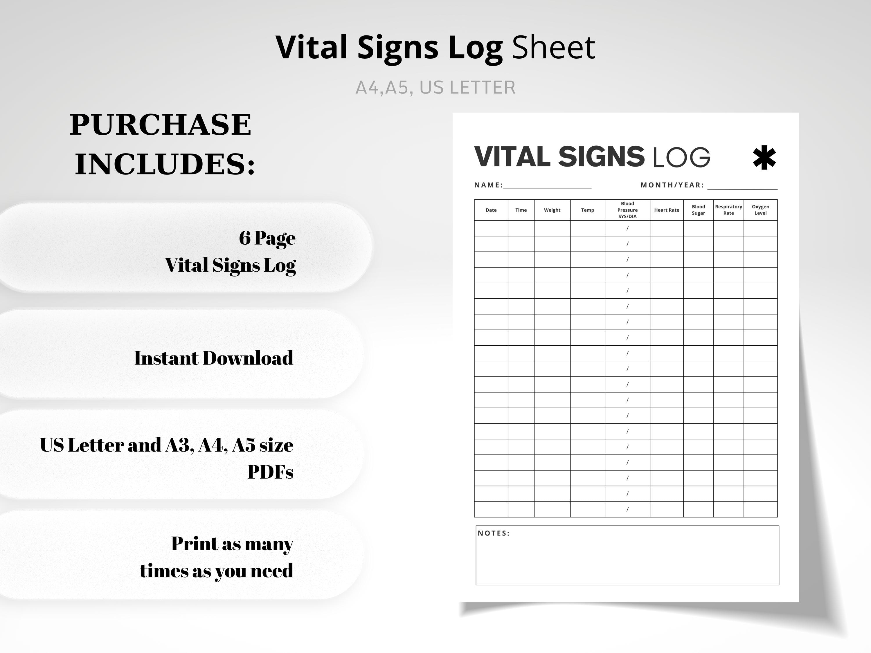 Sign Without Tracker Vital Signs Log. Printable Vital Sign Chart. Nursing Vitals Sheet ...