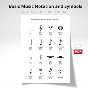 May include: A white printable PDF titled "Basic Music Notation and Symbols" with musical symbols and terms. Includes staff, clefs, notes, rests, and other musical symbols. The PDF icon is in the lower right corner.