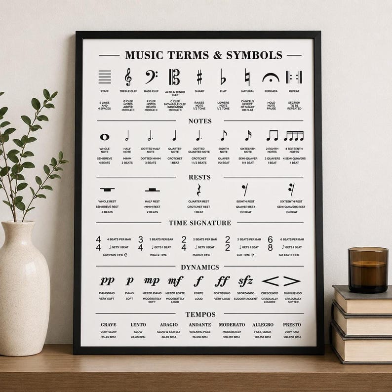 A black-framed poster with white musical terms and symbols, titled "MUSIC TERMS & SYMBOLS," hangs on a light wall.