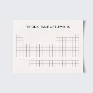 May include: A white card with the text "PERIODIC TABLE OF ELEMENTS" at the top. Below the text is a black and white periodic table grid, with empty boxes for each element.