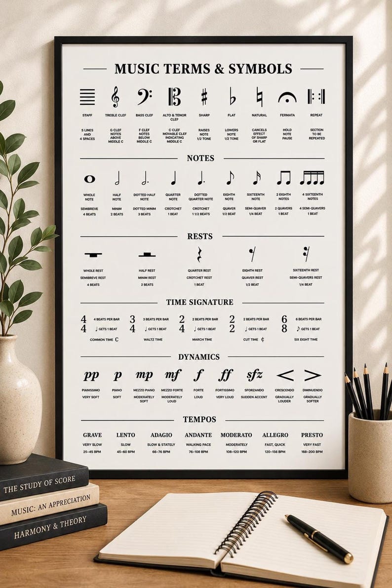 A white poster with black musical terms and symbols lies on a light surface next to two books with dark spines.