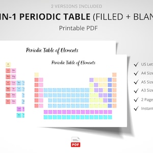 May include: A printable PDF featuring a 2-in-1 periodic table, including filled and blank versions. The design includes the text "Periodic Table of Elements" and is available in US Letter, A4, A5, and A3 sizes. It is a 2-page instant download.