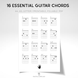 May include: A white printable PDF sheet with 16 essential guitar chords, including E, A, D, C, G, Em, Am, Dm, E7, A7, G7, Cmaj9, B7, D7, Am7, and F. The text "16 ESSENTIAL GUITAR CHORDS" is at the top. The sheet is labeled A4, A5, Letter, Printable, and Fillable PDF.