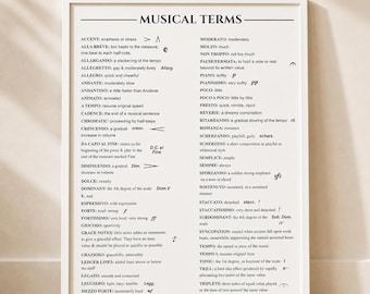 May include: A white poster with black text titled MUSICAL TERMS, listing various musical definitions and symbols in two columns. The document provides explanations for terms such as accent, allegro, crescendo, and staccato, including their corresponding notation symbols throughout the list.