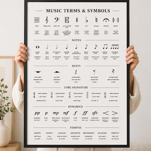 A person holds a black-framed poster with white text and musical symbols, titled "MUSIC TERMS & SYMBOLS," against a light wall.