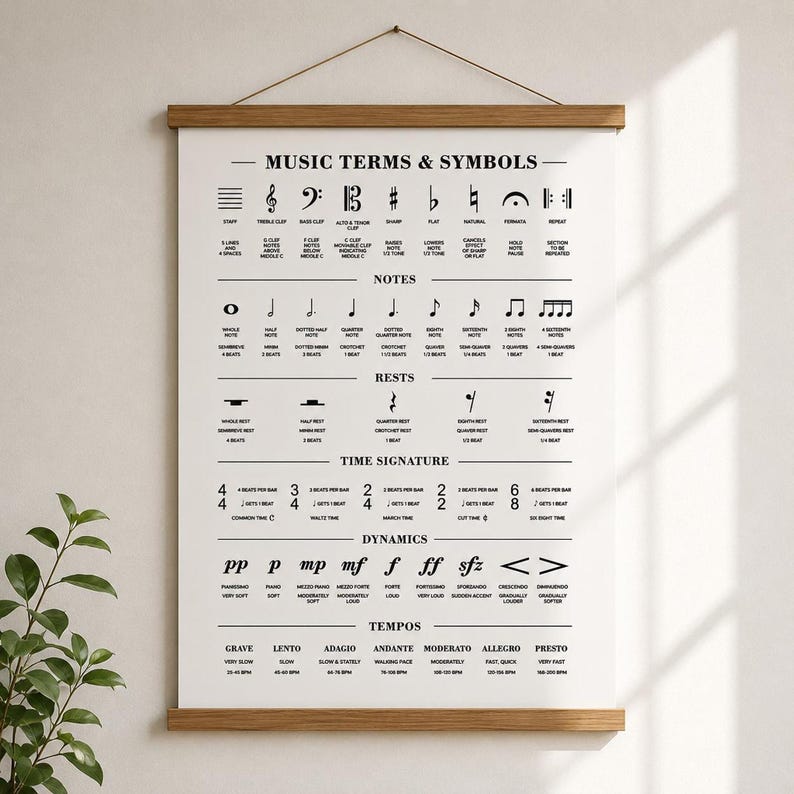 A black poster with white text and musical symbols, titled "MUSIC TERMS & SYMBOLS," hangs from a wooden dowel on a light wall.