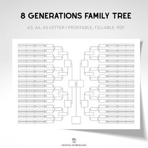 Może przedstawiać: Biały, drukowany wykres drzewa genealogicznego z tekstem "8 GENERATIONS FAMILY TREE". Wykres jest przeznaczony do wypełnienia i zawiera miejsca dla ośmiu pokoleń. Widoczny jest również tekst "A3, A4, A5 LETTER / PRINTABLE, FILLABLE PDF".