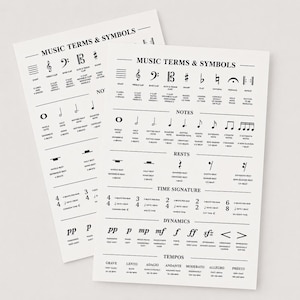 A white poster titled "MUSIC TERMS & SYMBOLS" with sections for clefs, notes, rests, dynamics, and tempos, each with musical notation and descriptive text.