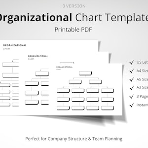 May include: A stack of white paper templates for organizational charts. The text on the top reads "Organizational Chart Template" and "Printable PDF". The templates are available in US Letter, A4, A5, and A3 sizes, with 3 pages and instant download.