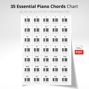 Op de afbeelding: Een witte kaart met de titel "35 Essential Piano Chords Chart" met diagrammen van pianotoetsen voor verschillende akkoorden. De kaart bevat de tekst "A4, A5, A3, A2 LETTER / PRINTABLE PDF" en een PDF-pictogram.