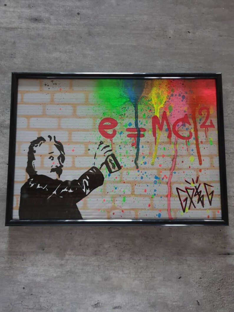 Albert einstein spray paint on cardboard recycling graffiti pop art