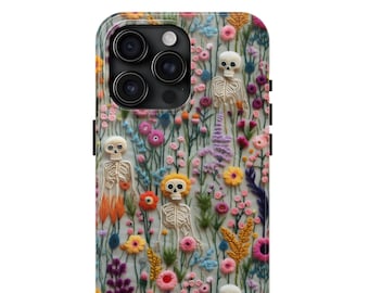 Bloom skeletons garden Phone Case | Embroidered  Floral Phone Cover | Halloween  |  Halloween phone case |iPhone 15 wireless phone case