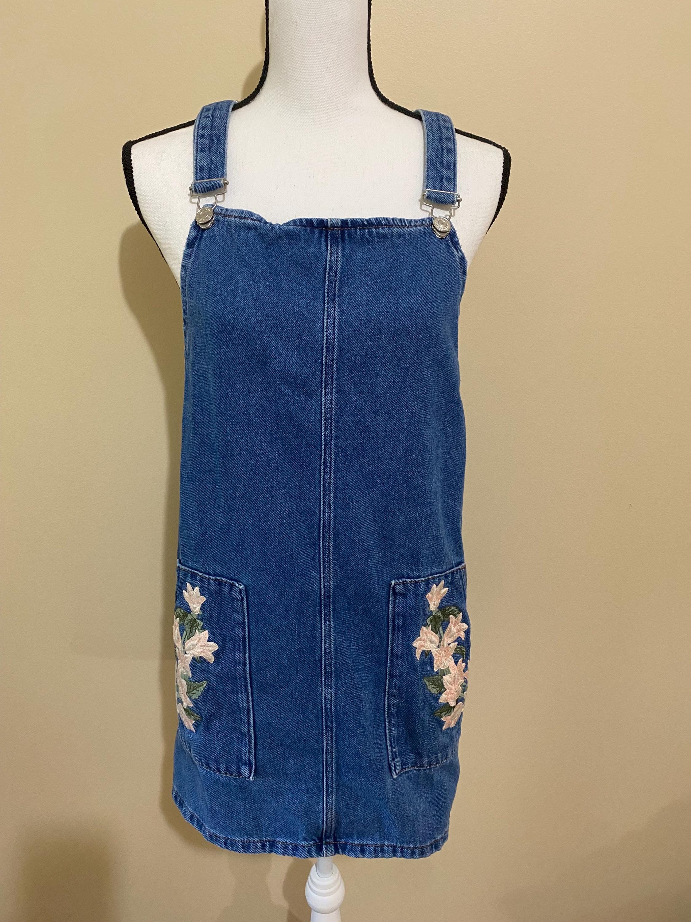 Floral embroidered denim overall dress hot sale