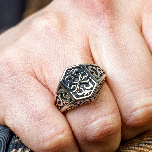 Mens North Viking Infinity Geometric Ring, Celtic Signet Ring, Vintage Band Rings, Unique, Detailed, Statement, 316L Stainless Steel, Unity