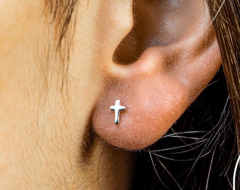 Tiny Cross Stud Earrings Made From 925 Sterling Silver, 18K Gold, Womens Jewellery, Cute, Dainty, Extra Small, Delicate, Stacking, Religious