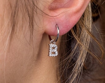 Sterling Silver Initial Hoop Earring For Woman, Womans Personalised Silver Earring Pendant, 14mm Hoop Earring With Initial