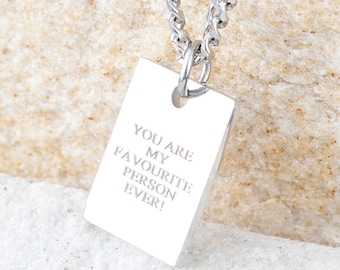 Engrave Hidden Message Pendant Necklace, Quote Pendant, Silver Mens Name Pendant, Square Personalised Pendant Chain, Initials Necklace, Gift