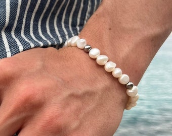 Genuine Handmade Freshwater Pearl Bracelet Chain, Gold Silver Beaded Bracelet Slightly Irregular Round Pearls, Unisex, Mens, Womans Summer