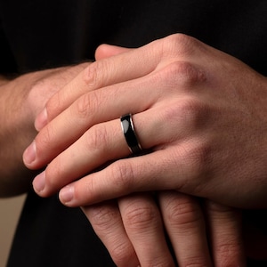 Mens Black and Silver Personalised Band Ring, 6MM Thick Band Ring, Engrave Ring, Minimalist Jewellery, Customisable Gifts, Unisex Rings,