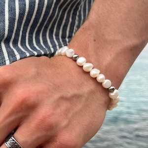 Genuine Handmade Freshwater Pearl Bracelet Chain, Gold Silver Beaded Bracelet Slightly Irregular Round Pearls, Personalised Jewellery, Mens