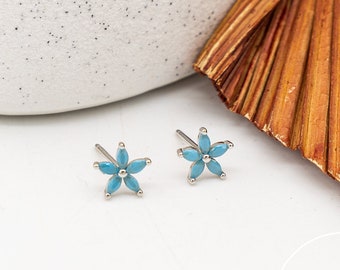 aquamarine Birthstone Flower Stud Earrings in Sterling Silver - Gold or Silver - Forget-Me-Not Crystals - Petite Stud Earrings Jewellery