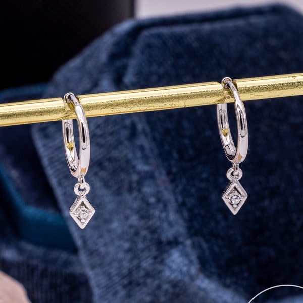 Dangling Rhombus CZ Huggie Hoops in Sterling Silver, Kite Shape Earrings, Diamond Shape Earrings, Crystal Earrings, CZ Earrings, Jewellery