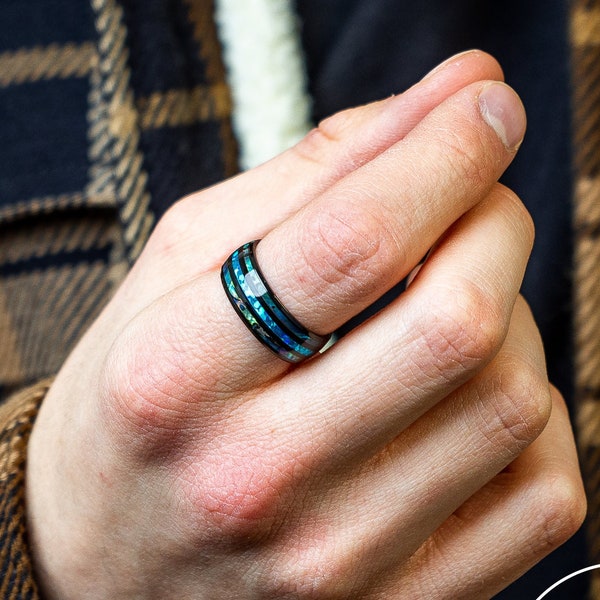 Black Opal Genuine Abalone Shell Band Ring, Shell Pinky Mens Womans Unisex Rings, Black And Silver Rings, Nature Inspired Sea Shell Ring