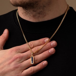 18K gouden lapis lazuli-hangerketting voor mannen, gepersonaliseerde kettinghangers, gegraveerde sieraden, blauwe steen, unisex sieraden, rechthoekige hanger