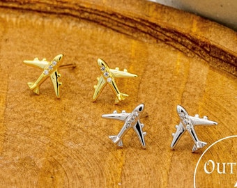 Tiny Plane Diamante Stud Earrings in S925 Silver and 18K Gold Plating , Airplane Earrings, Stacking Earrings Men and Womans Jewellery Gifts