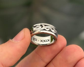 Mens Engraved Silver Plant Band Ring, Mens, Womans, Unisex 8mm Stackable Band Rings, Personalised Personalized Custom Band Rings By Outrage