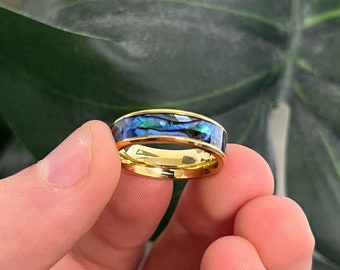 18k Gold Genuine Abalone Shell 6MM Band Ring, Mens and Women's Stainless Steel Rings, Unisex Jewelry, Stackable Rings, Jewellery by Outrage