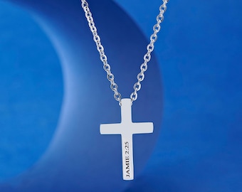 Personalized Silver Cross Pendant, Mens Custom Cross Necklace, Engraved Stainless Steel, Name Pendant, Catholic, Christian Gift, Cross Chain