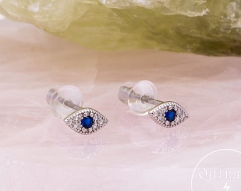 925 Sterling Silver Blue Evil Eye Earrings Stud for Women Girls, Turkish Evil Eye Piercing Earrings Jeweller Gifts for Mom Wife, Sapphire