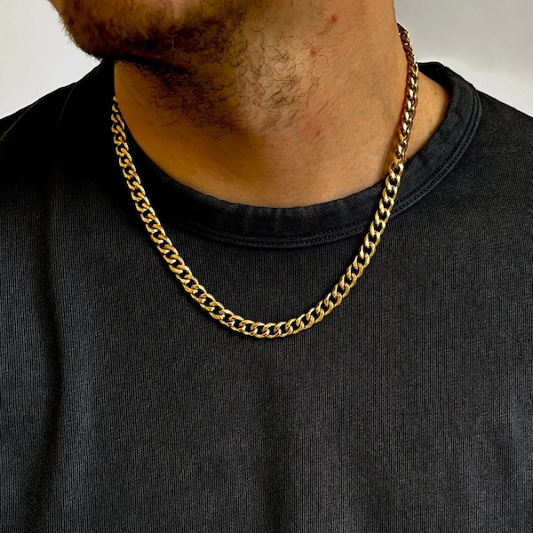 18k Gold Mens Thick 9mm Curb Chain Necklace, Womans, Mans, Unisex chain In 18k Gold, Chunky Chocker Chain Necklace Jewellery Jewelry Gifts