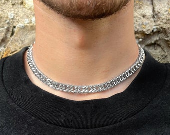 Collier épais argent 16 pouces 9 mm, gourmette plate épaisse, chaînes homme en acier inoxydable, collier homme et femme