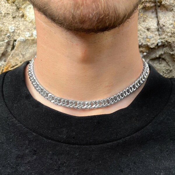 Silver 16 INCH 9MM Flat Curb Thick Chunky Necklace, Mans Curb Choker Chains Made From Stainless Steel, Mens And Womans Necklace Jewellery