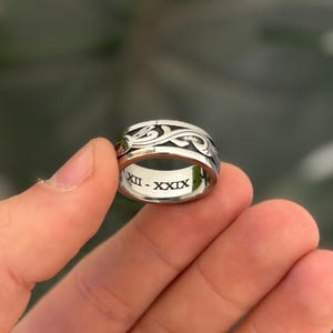 Mens Engraved Silver Plant Band Ring, Mens, Womans, Unisex 8mm Stackable Band Rings, Personalised Personalized Custom Band Rings By Outrage