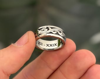 Heren gegraveerde zilveren plant bandring, heren, dames, unisex 8 mm stapelbare bandringen, gepersonaliseerde gepersonaliseerde aangepaste bandringen door verontwaardiging