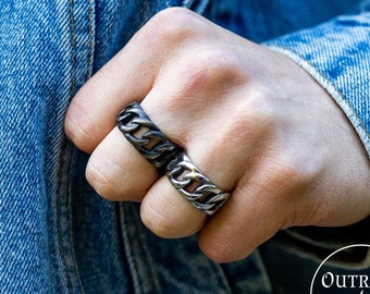 Mens Chain Rings | 8mm Chain Ring | Stackable Rings | Rings For Men And Woman | Black Rings | Silver Rings | Jewellery | Curb Ring | Gifts