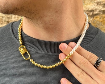 Mens Genuine Half Freshwater Pearl and Gold Half Beaded Padlock Necklace Unisex Chains 18K Gold 20inch Jewelry Women's Statement gift unique