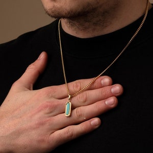 18K Gold Turquoise Stone Pendant Chain Necklace, Mens Pendants, Personalised Pendant Necklace, Engraved Jewellery, Gifts, Unisex, Curb Chain