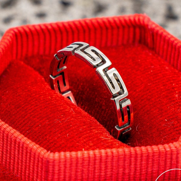 925 Sterling Silber Ring mit griechischem Muster | Premium Edelstahl Band Ringe | Stapelbare Ringe für Männer und Frauen | Antike griechische Muster