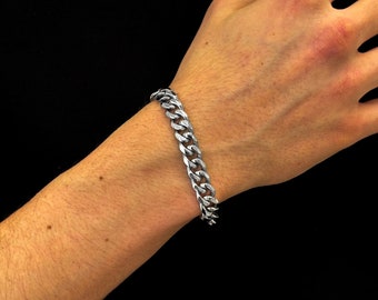 Silver Mens Curb Chain Link 9mm Bracelet, Womans Unisex Bracelets, Silver Thick Chunky Mans Bracelets By Outrage London.