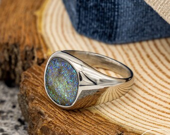 Light Blue Opal Inlay Mens Signet Ring In Silver And Gold, Statement Daily Wear Rings, Womans Unisex Man Jewellery Hip Hop, Opal Stone Rings