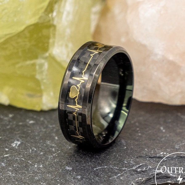 Black with Gold Heartbeat Ring, Love Ring, Heart Rhythm Ring, Romantic Rings, Rings for Partners, Black Rings, Band Rings, Anniversary gift