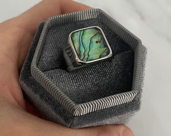Abalone Signet Ring | Shell Ring | Statement Rings | Stainless Steel Ring Jewelry | Unisex Mens Womens Jewellery | Sea Rings | Mens ring