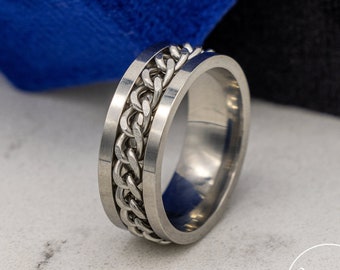 Anello a catena Spinning Spinner in argento, anello Fidget Spinner, anello da uomo girevole, acciaio inossidabile 316L, anello di collegamento ansia, anello nero, regalo