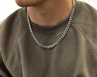 7mm Silver Curb Chain Necklace, Mens Chains, Silver Mens Chain Necklaces Unisex Silver Personalised Chain Necklaces, Men Jewellery Jewelry